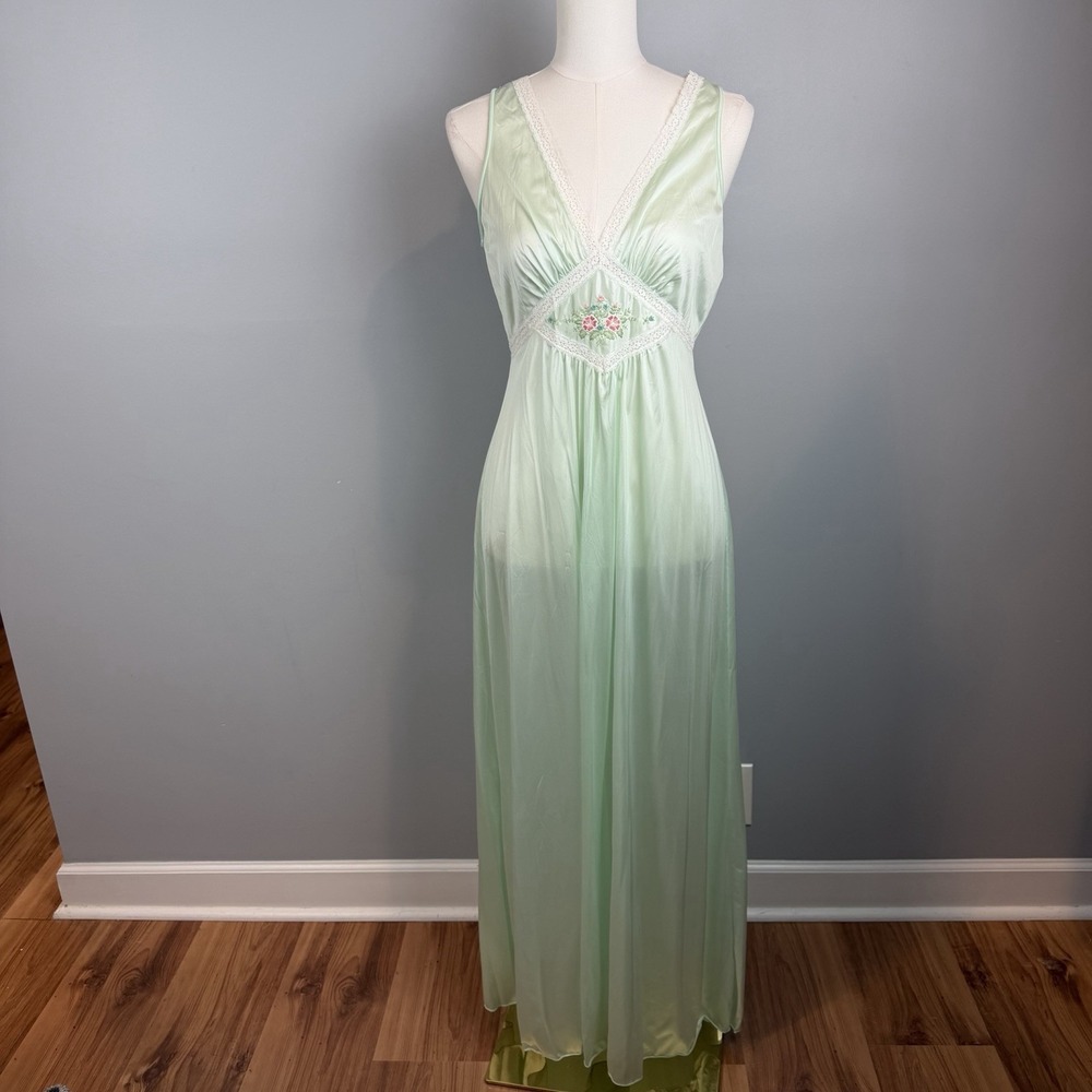 Vintage Gilead Nightgown Medium Mint Green Floral Embroidered Lace Maxi USA